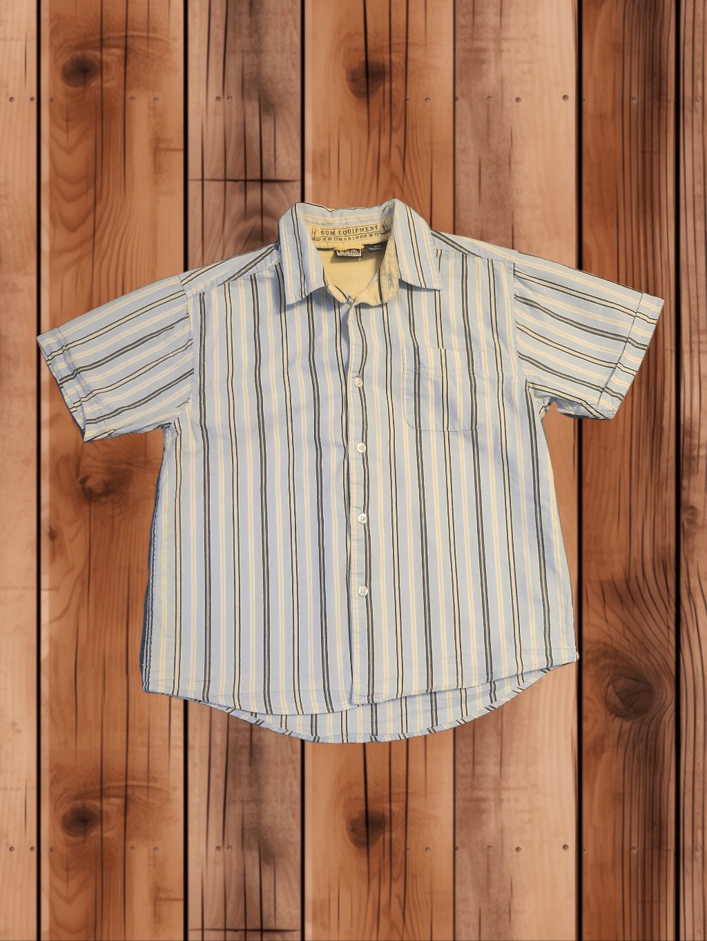Vtg B.U.M. Equipment Marine Striped Short Sleeve Button Up Shirt Boys Medium